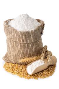 Rice flour in a burlap sack for Bhog offerings.