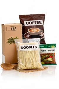Assorted grocery items for Bhog, including tea, noodles, coffee, and pickles.