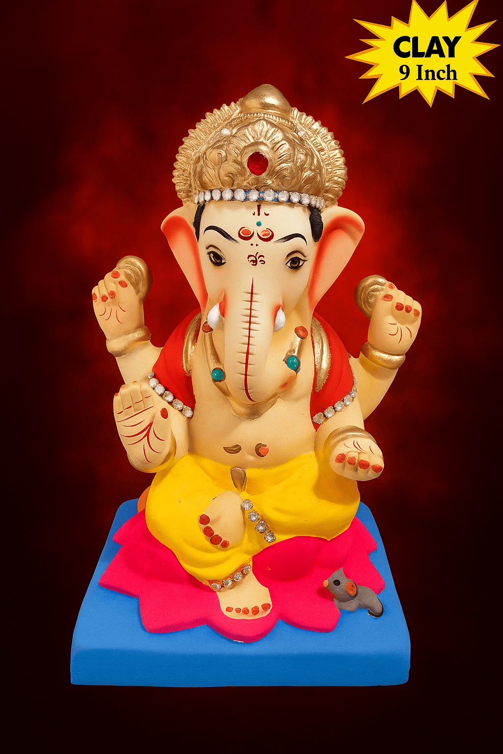 Ganesh Idol 9″  Home Visarjan Kacchi Mitti  (Eco Friendly – 95) (Diamond) – Assorted Colour – Only Berlin same day delivery