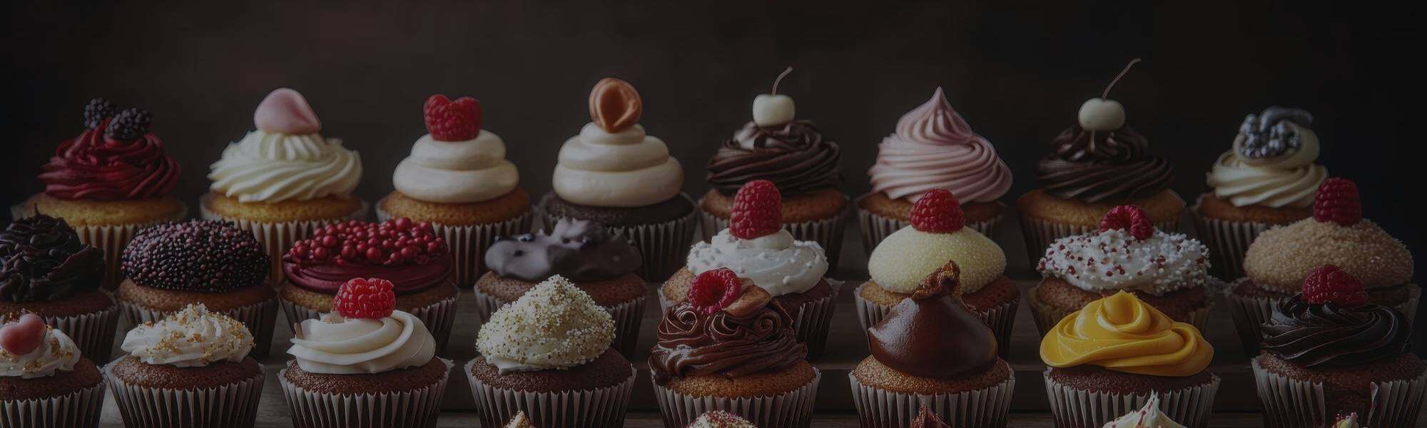 Assorted cupcakes with colourful toppings and decorations at Utsav Market, showcasing a variety of f.