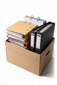 Office supplies including files, binders, and folders in a cardboard box for organisation.