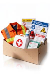 First aid kit with safety supplies, PPE, and emergency medical items for workplace safety.