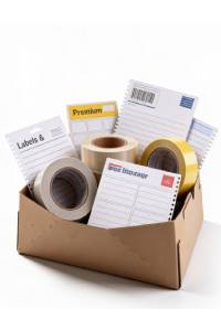 Assorted packaging labels, tapes, and shipping supplies in a box.