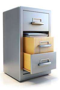 Office filing cabinet with open drawers and documents inside.