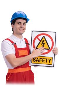 Construction worker with safety helmet holding warning sign at Utsav Market.