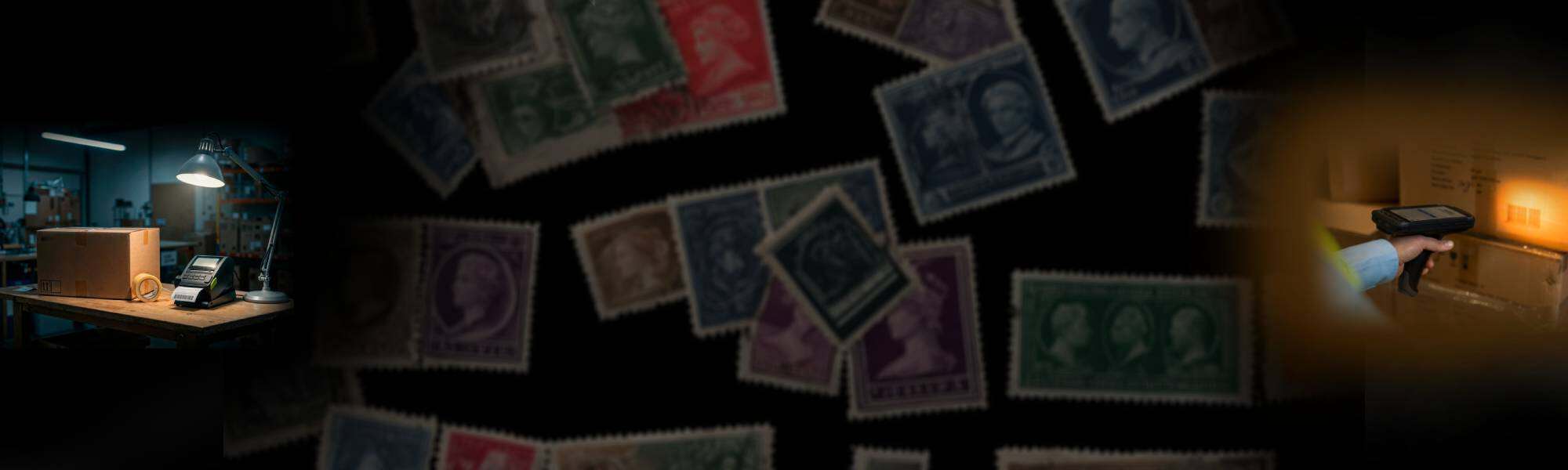 Vintage postage stamps displayed on a dark background for Utsav Market™ collection.