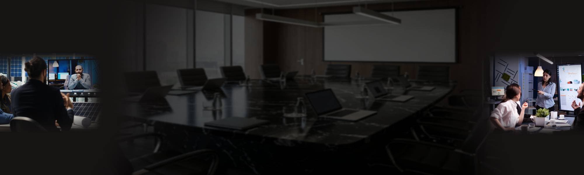 Business professionals attending a virtual meeting in a modern conference room.