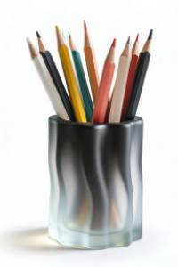 A colourful assortment of pencils in a sleek glass holder.