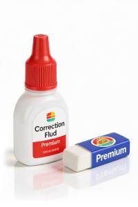 Correction fluid bottle with red cap and white eraser, ideal for correcting mistakes on paper in off.